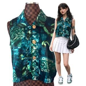 Vtg 80s Teal Abstract Blouse Size Large Sleeveless Satin Watercolor Artsy Hippie